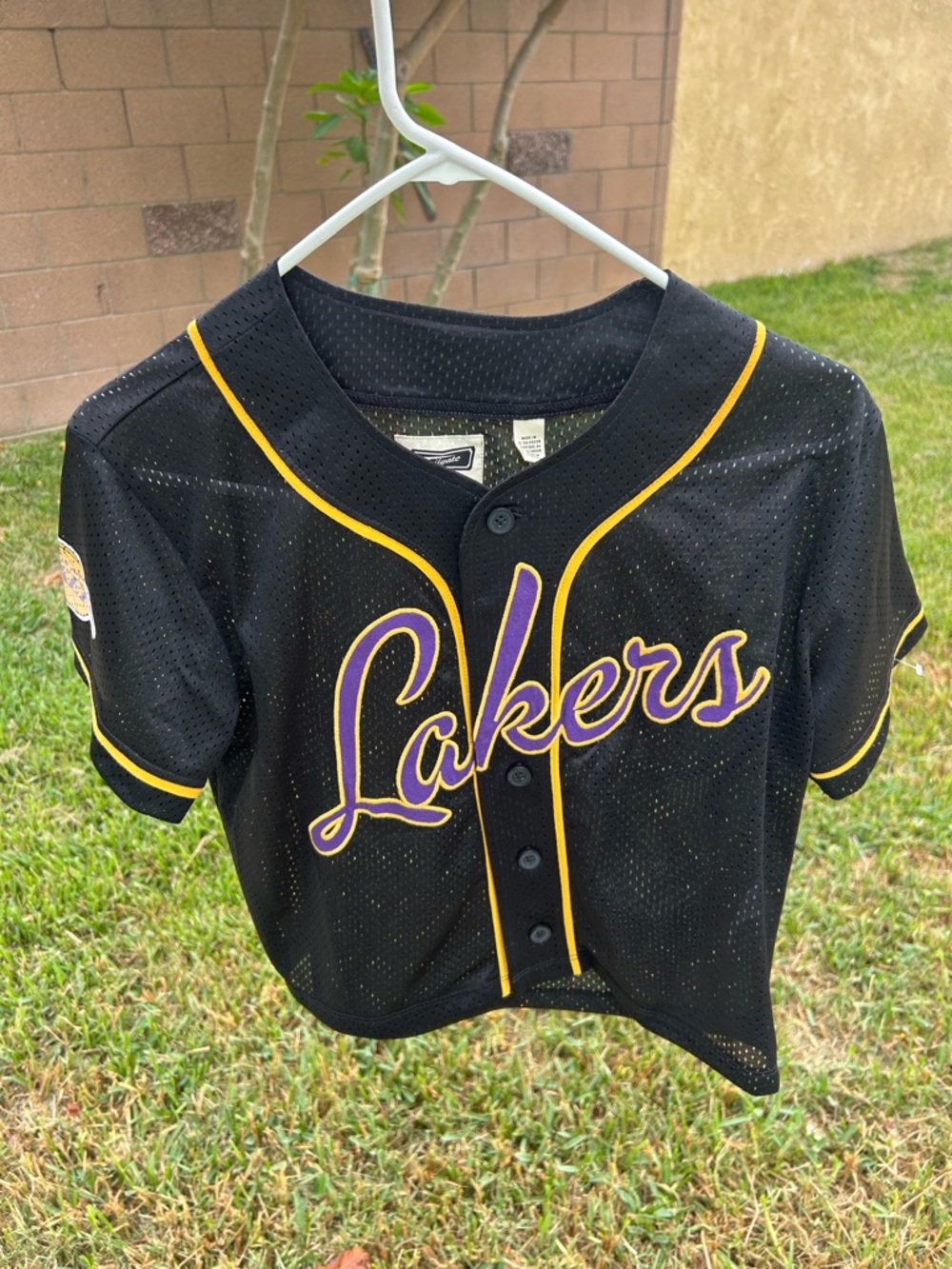 Black Lakers Cropped Button-Up Jersey Top with Purple Accent